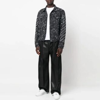 Chaqueta de hombre Off-White FW22 con efecto salpicadura de pintura, de un solo pecho, en Denim negro Chaqueta de hombre Off-White FW22 con efecto salpicadura de pintura, de un solo pecho, en Denim negro