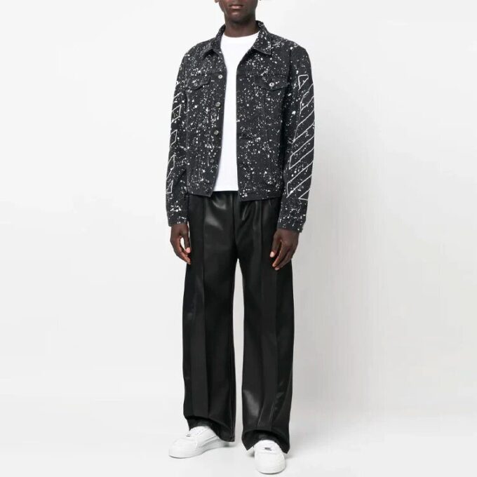 Chaqueta de hombre Off-White FW22 con efecto salpicadura de pintura, de un solo pecho, en Denim negro