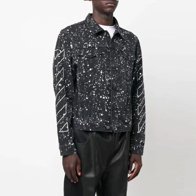 Chaqueta de hombre Off-White FW22 con efecto salpicadura de pintura, de un solo pecho, en Denim negro
