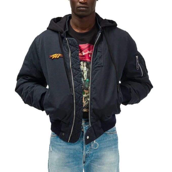 Chaqueta de manga larga con capucha y apliques vintage FW20 para hombre, azul marino