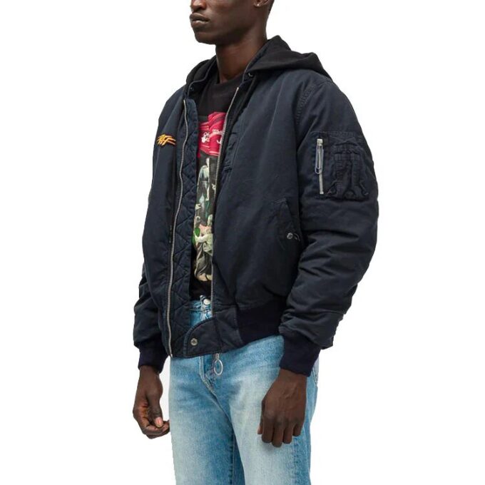 Chaqueta de manga larga con capucha y apliques vintage FW20 para hombre, azul marino