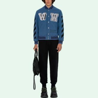 Chaqueta de manga larga con cuello de béisbol y estampado de letras SS21 Azul Chaqueta de manga larga con cuello de béisbol y estampado de letras SS21 Azul