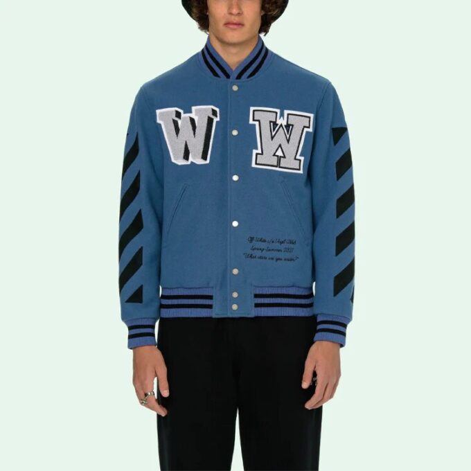 Chaqueta de manga larga con cuello de béisbol y estampado de letras SS21 Azul