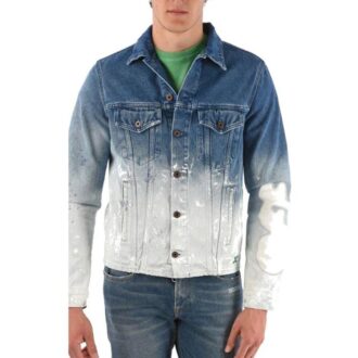Chaqueta Denim con degradado de tinta salpicada, corte holgado, gris y blanco