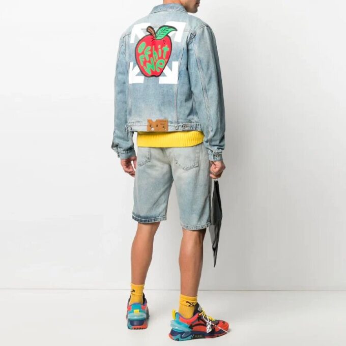 Chaqueta Denim de corte holgado con estampado del logotipo de Apple, temporada primavera-verano 2021, azul