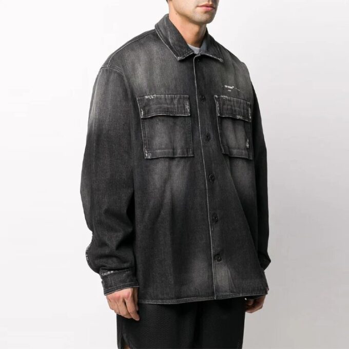 Chaqueta Denim de manga larga con bolsillos grandes, corte holgado, gris