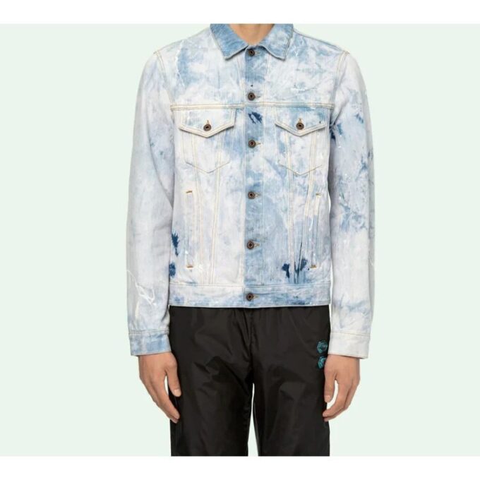 Chaqueta Denim lavada con estampado de flechas para hombre, azul claro y blanco
