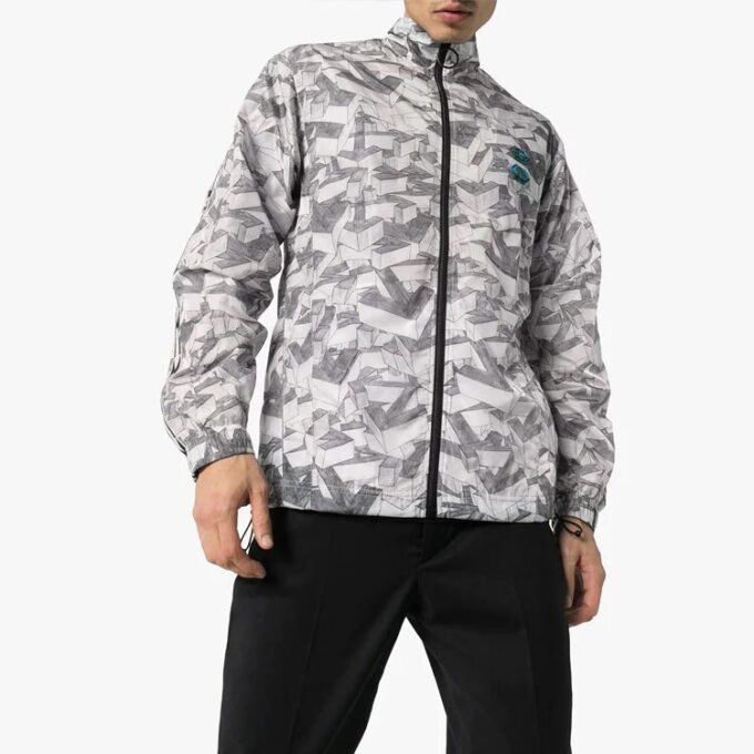 Chaqueta deportiva con estampado y cremallera, corte holgado, gris y blanco