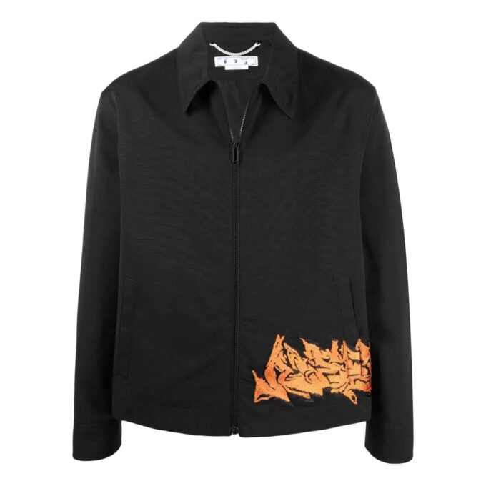 Chaqueta negra con cremallera y estampado bordado para hombre de Off-White