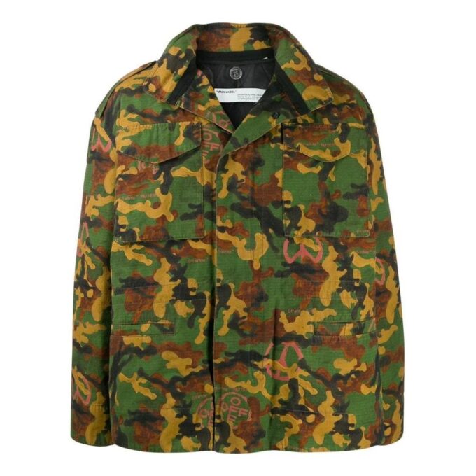Chaqueta Off-White para hombre, colección Otoño-Invierno 2022, con estampado militar clásico de camuflaje, color verde