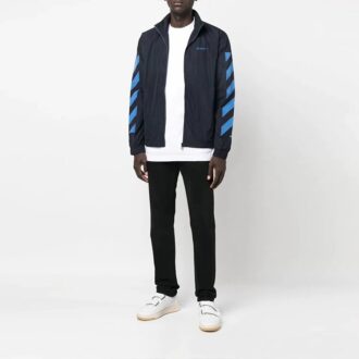 Chaqueta Off-White para hombre, colección primavera-verano 2022, con cuello alto, cremallera y pequeño logotipo bordado, color azul Chaqueta Off-White para hombre, colección primavera-verano 2022, con cuello alto, cremallera y pequeño logotipo bordado, color azul