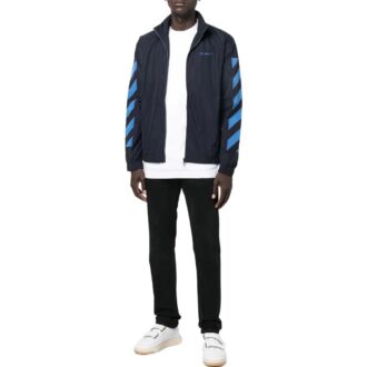 Chaqueta Off-White para hombre con estampado de logotipo, cremallera y cuello alto, color negro Chaqueta Off-White para hombre con estampado de logotipo, cremallera y cuello alto, color negro