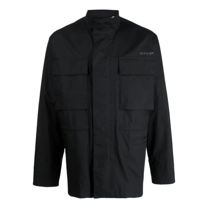 Chaqueta Off-White para hombre FW22 de color liso con bolsillo, cremallera trasera y estampado, en negro