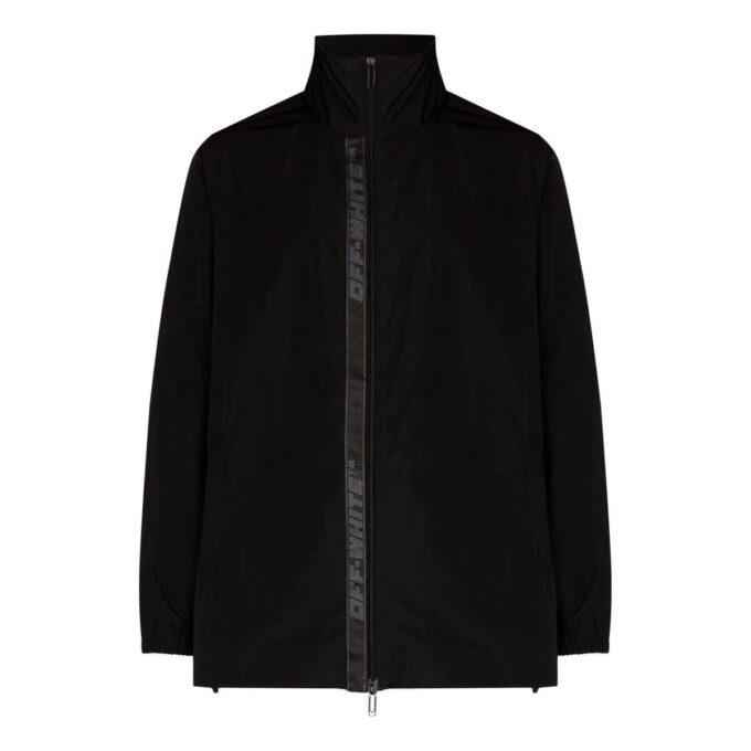 Chaqueta Off-White para hombre FW22 de color liso con logo, cremallera y cuello alto, color negro