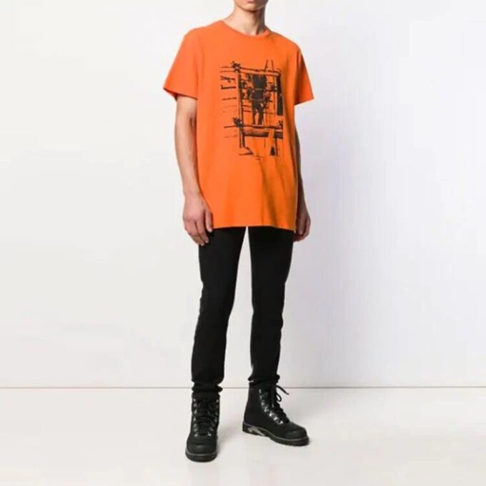 Estampado de flechas en algodón, cuello redondo, pantalones cortos, naranja