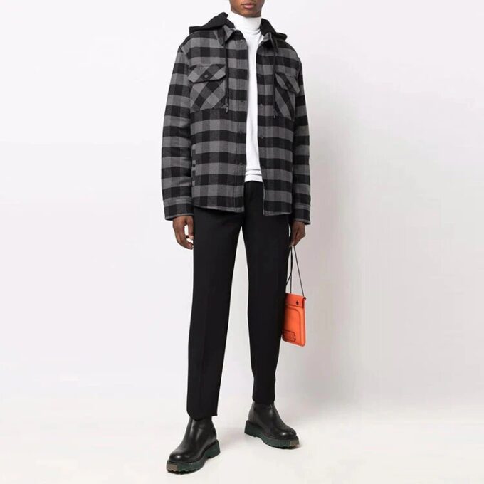 FW21 Camisa de manga larga a cuadros con capucha, corte holgado, negro