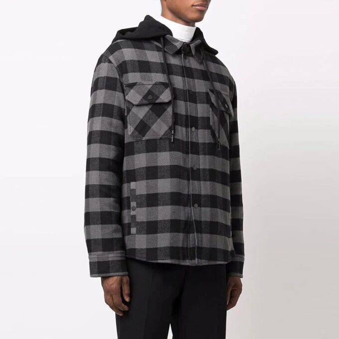 FW21 Camisa de manga larga a cuadros con capucha, corte holgado, negro