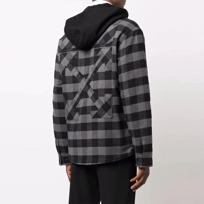 FW21 Camisa de manga larga a cuadros con capucha, corte holgado, negro