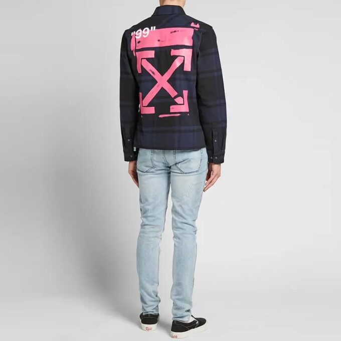 FW21 Camisa de manga larga con estampado de cuadros en rosa y rojo, corte holgado, azul marino