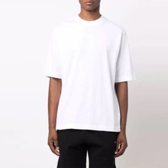 FW21 Camiseta de pantalones cortos con cuello redondo y estampado geométrico, versión entallada, color blanco FW21 Camiseta de pantalones cortos con cuello redondo y estampado geométrico, versión entallada, color blanco