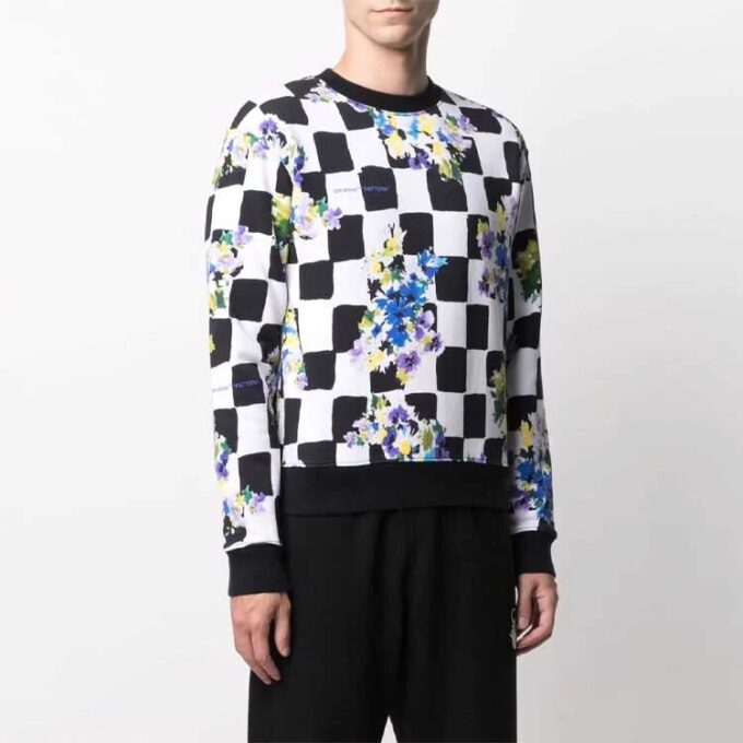 Jersey de cuello redondo con estampado de flores y cuadros FW21, versión negra