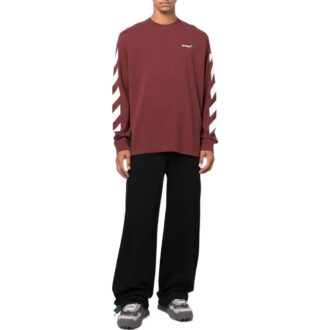 Jersey de cuello redondo con estampado de rayas Off-White para hombre, temporada otoño-invierno 2022, color rojo Jersey de cuello redondo con estampado de rayas Off-White para hombre, temporada otoño-invierno 2022, color rojo