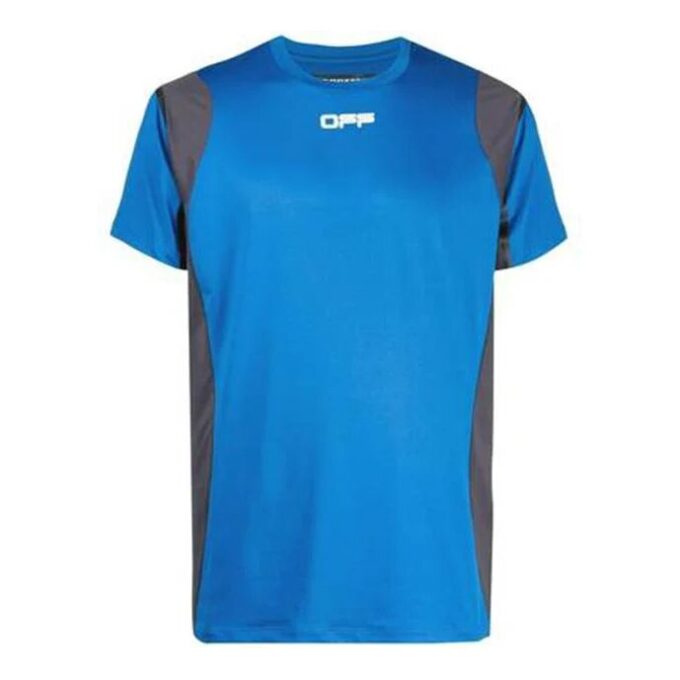Jersey de cuello redondo y pantalones cortos con estampado de letras y bloques de color, azul y gris