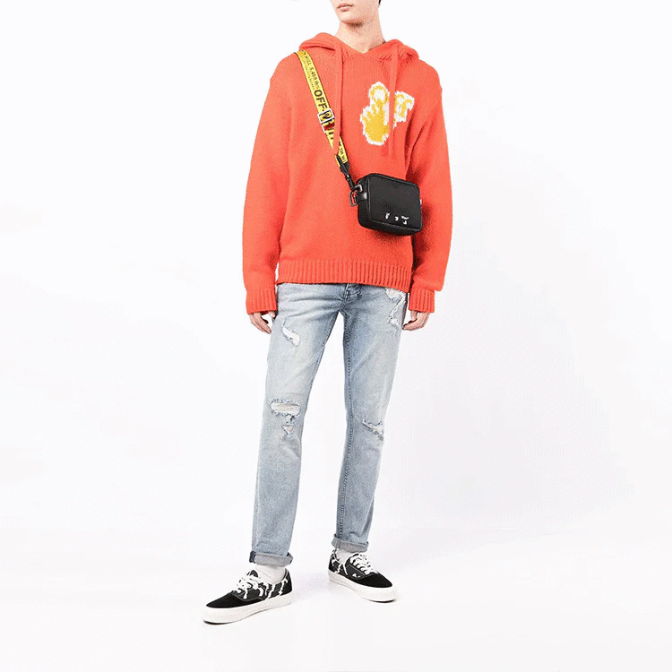 Jersey de lana con capucha y logo intarsia Off-White para hombre FW21, corte holgado, naranja