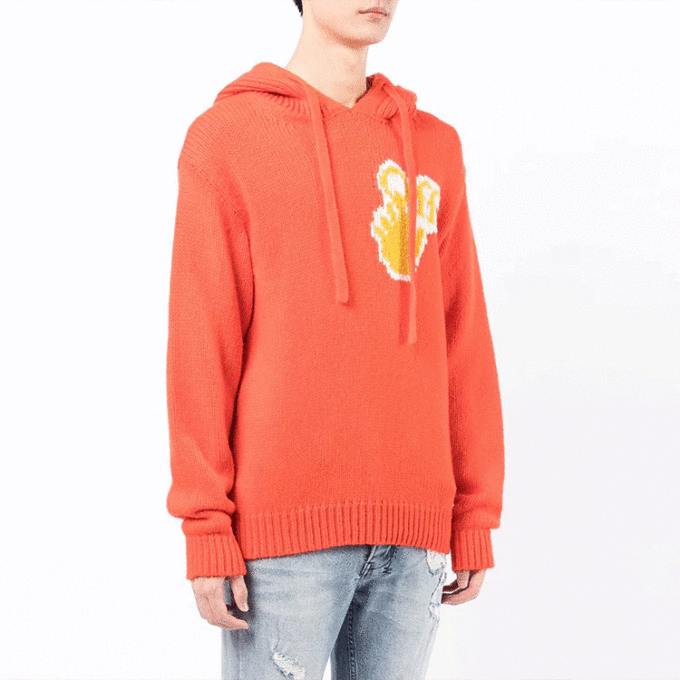 Jersey de lana con capucha y logo intarsia Off-White para hombre FW21, corte holgado, naranja