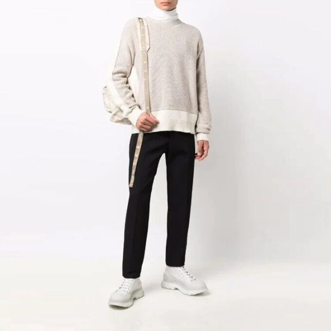 Jersey de lana de cuello redondo con bloques de color Off-White para hombre, temporada FW21, corte holgado, color beige