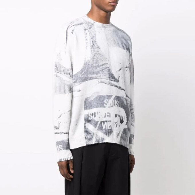 Jersey de lana de cuello redondo con estampado abstracto para hombre Off-White, temporada Otoño-Invierno 2021, corte holgado, blanco