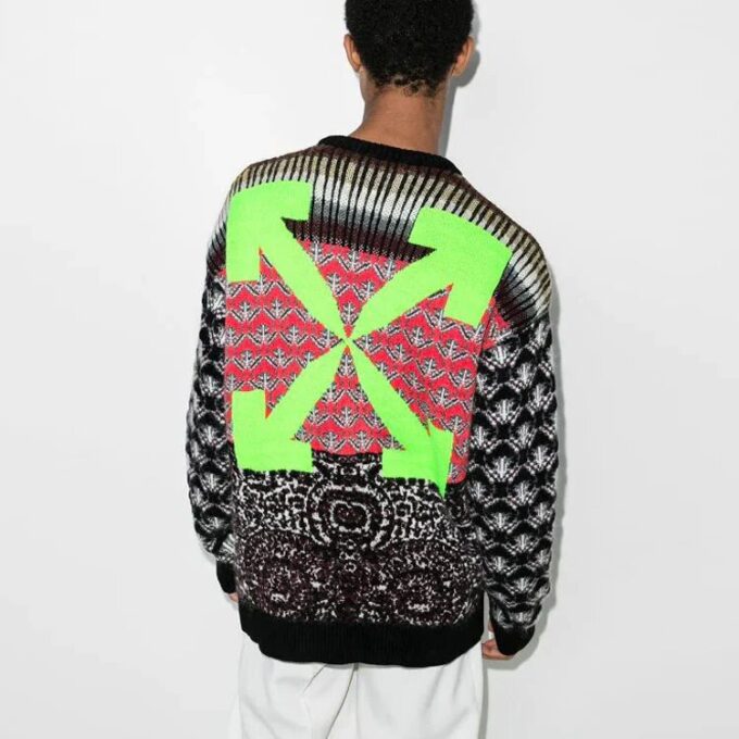 Jersey de lana de cuello redondo con estampado de Arrows y logotipo Off-White para hombre, colección FW21, corte holgado, verde
