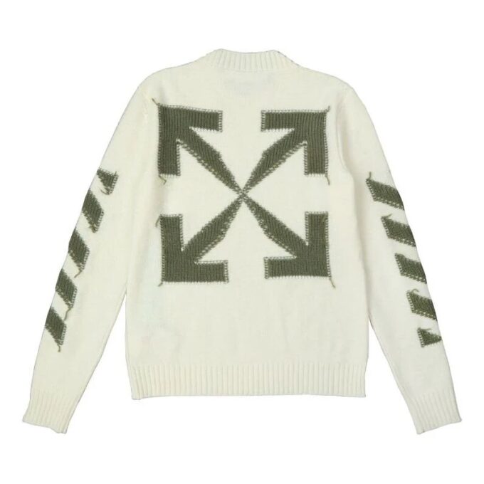 Jersey de lana de cuello redondo con logo de flecha Off-White para hombre FW21, corte holgado, blanco lechoso
