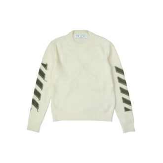 Jersey de lana de cuello redondo con logo de flecha Off-White para hombre FW21, corte holgado, blanco lechoso
