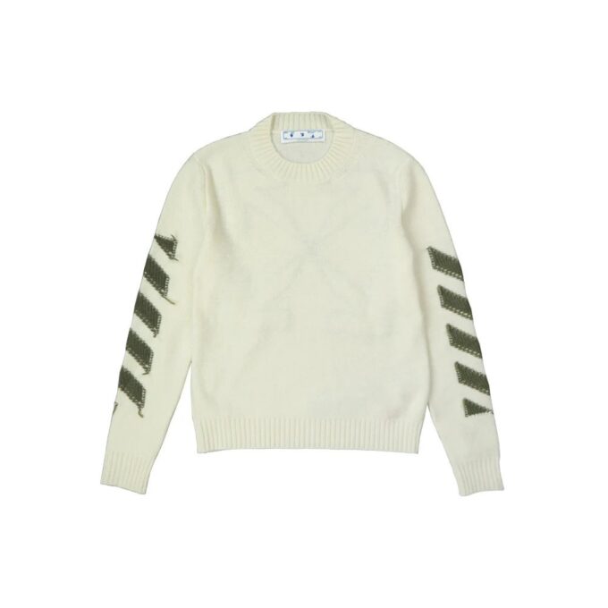 Jersey de lana de cuello redondo con logo de flecha Off-White para hombre FW21, corte holgado, blanco lechoso