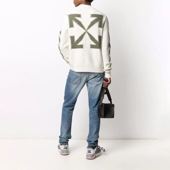 Jersey de lana de cuello redondo con logo de flecha Off-White para hombre FW21, corte holgado, blanco lechoso