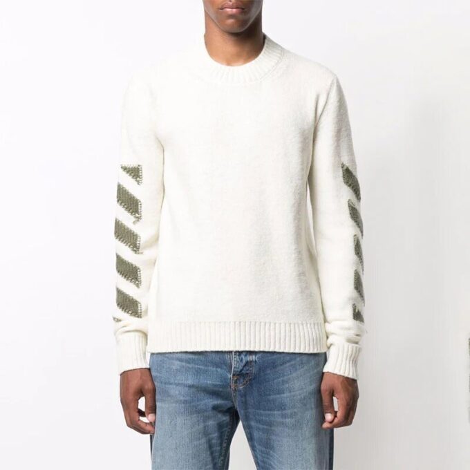 Jersey de lana de cuello redondo con logo de flecha Off-White para hombre FW21, corte holgado, blanco lechoso