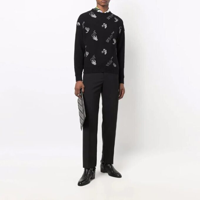 Jersey de lana de cuello redondo con logo de punto intarsia Off-White para hombre, temporada FW21, corte holgado, color negro