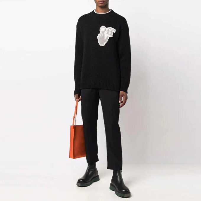 Jersey de lana de cuello redondo con logo «Hands Off» y estampado alfabético de Off-White para hombre, colección FW21, corte holgado, color negro