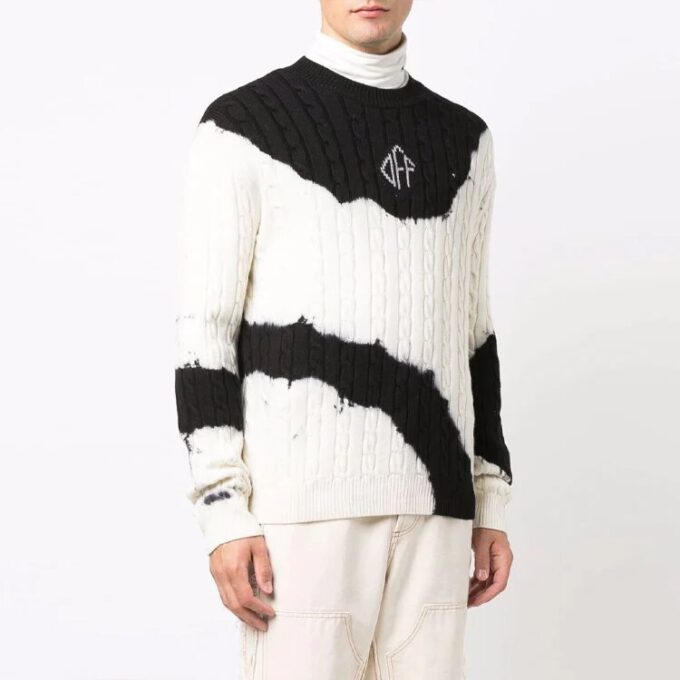 Jersey de lana de cuello redondo de punto con estampado tie-dye y bloques de color para hombre Off-White FW21, corte holgado, blanco