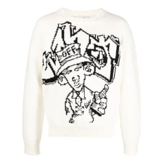 Jersey de lana de cuello redondo y manga larga con patrón de intarsia de Off-White para hombre, colección FW22, corte holgado, color blanco