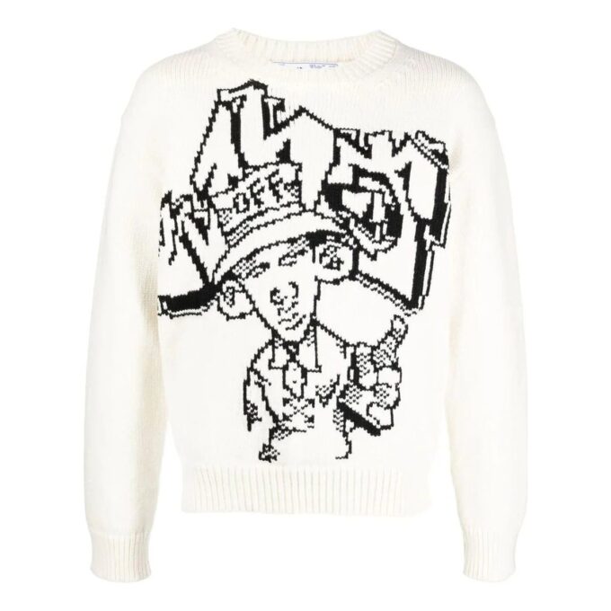 Jersey de lana de cuello redondo y manga larga con patrón de intarsia de Off-White para hombre, colección FW22, corte holgado, color blanco