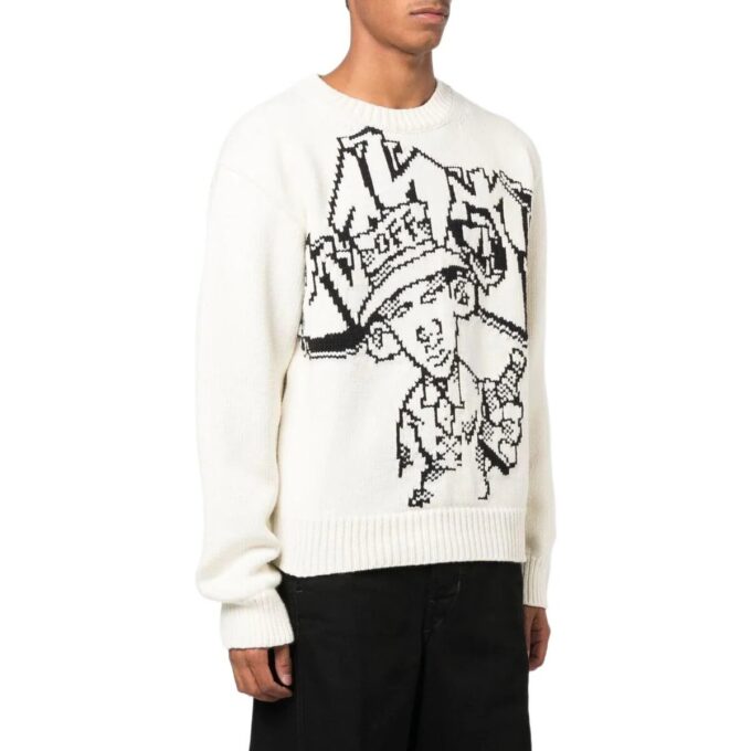 Jersey de lana de cuello redondo y manga larga con patrón de intarsia de Off-White para hombre, colección FW22, corte holgado, color blanco