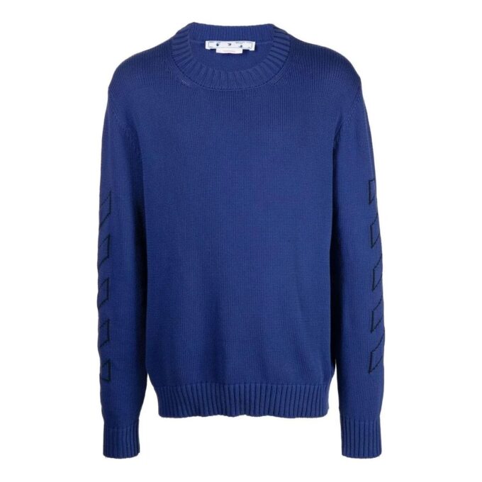 Jersey de lana de cuello redondo y manga larga con patrón geométrico en intarsia de Off-White para hombre, colección Otoño-Invierno 2022, color azul