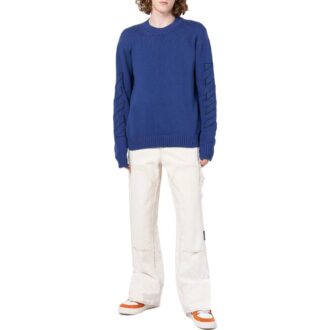 Jersey de lana de cuello redondo y manga larga con patrón geométrico en intarsia de Off-White para hombre, colección Otoño-Invierno 2022, color azul