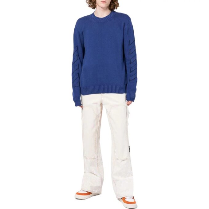 Jersey de lana de cuello redondo y manga larga con patrón geométrico en intarsia de Off-White para hombre, colección Otoño-Invierno 2022, color azul
