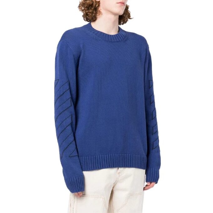 Jersey de lana de cuello redondo y manga larga con patrón geométrico en intarsia de Off-White para hombre, colección Otoño-Invierno 2022, color azul