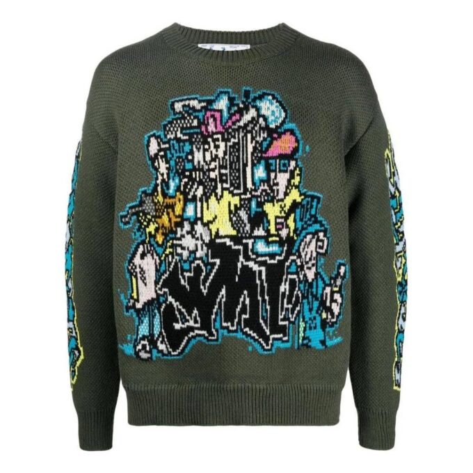 Jersey de lana de manga larga con punto intarsia Off-White para hombre FW22, verde