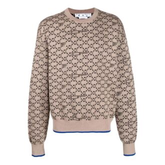 Jersey de lana de punto acanalado con estampado de logotipo Off-White para hombre, versión beige Jersey de lana de punto acanalado con estampado de logotipo Off-White para hombre, versión beige