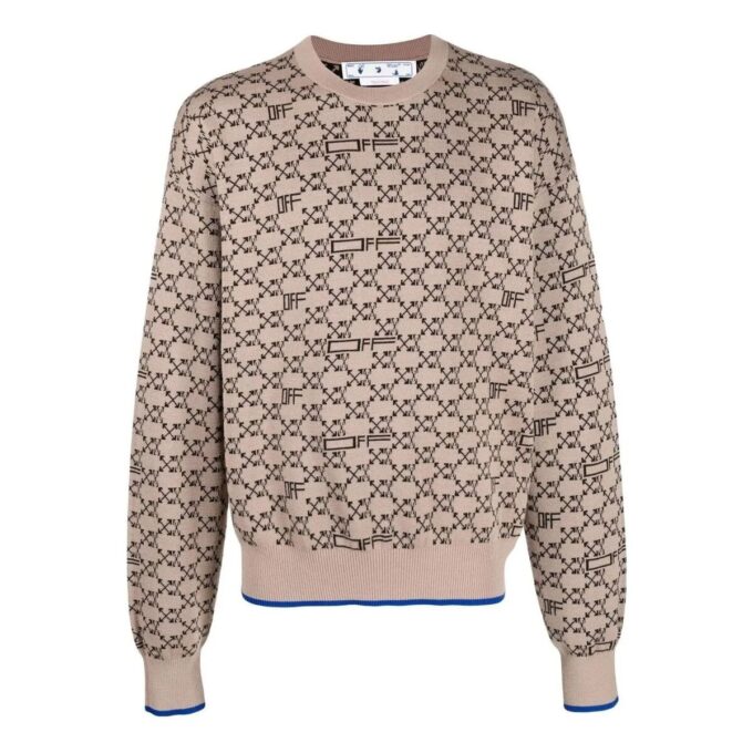 Jersey de lana de punto acanalado con estampado de logotipo Off-White para hombre, versión beige